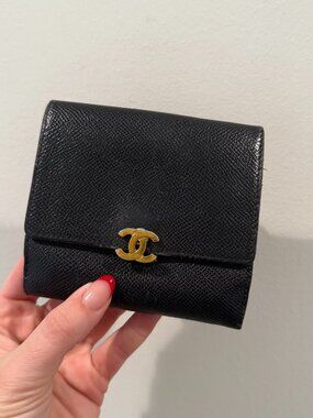 Vintage Chanel Black Caviar Leather CC Logo Compact Wallet Made in Italy